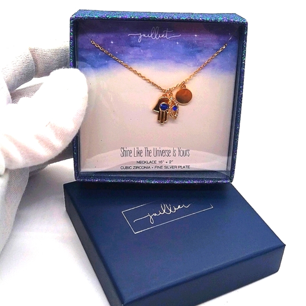 Juilliet Silver Plated Gold Hamsa with CZ Semi Precious Necklace Boxed